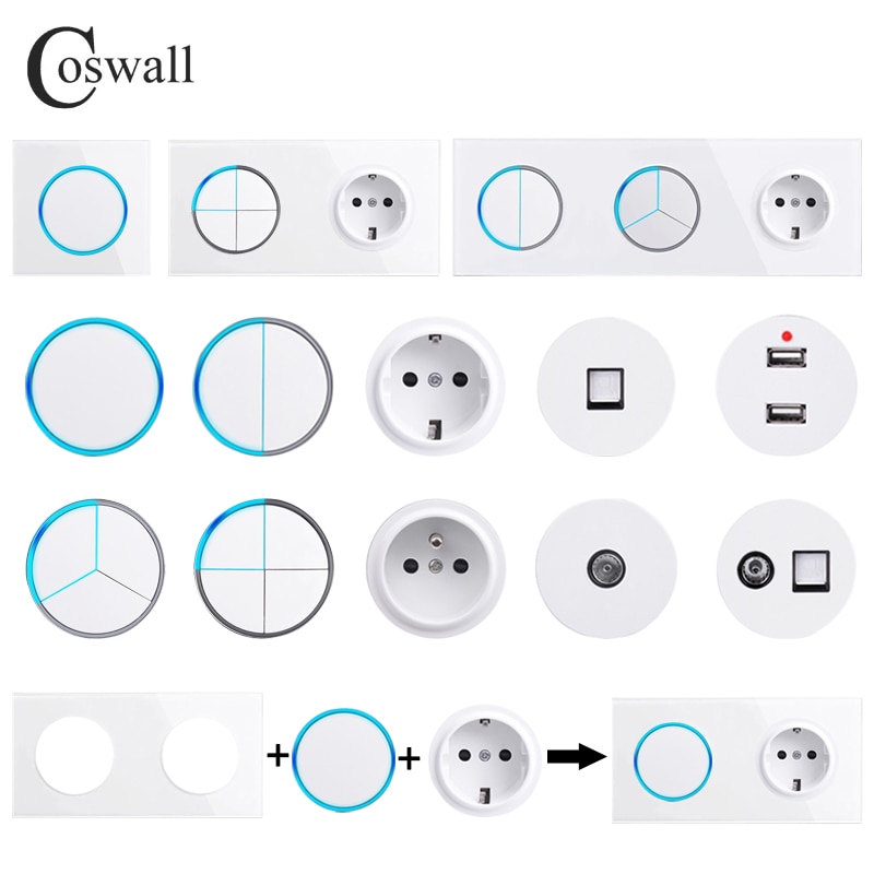 COSWALL LB 시리즈 흰색 강화 유리 패널 On / Off 벽 조명 스위치 (파란색 대형 조리개 백라이트 포함) DIY 모듈